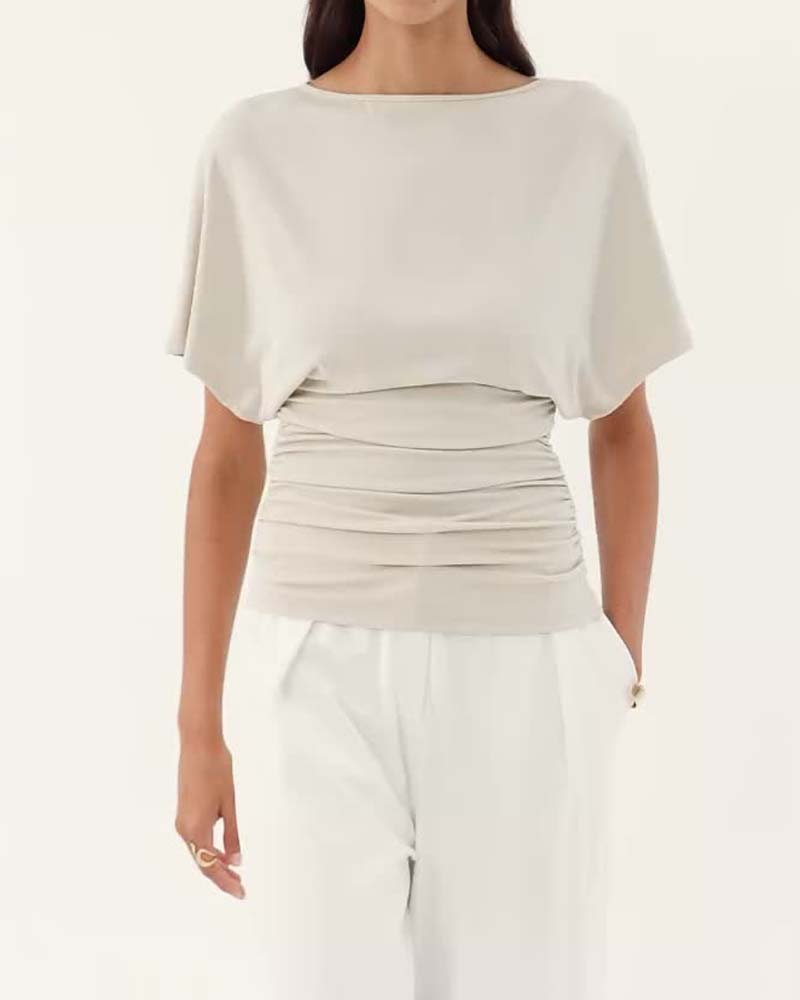 Blus Casual Solid Veckad Kort Ärm