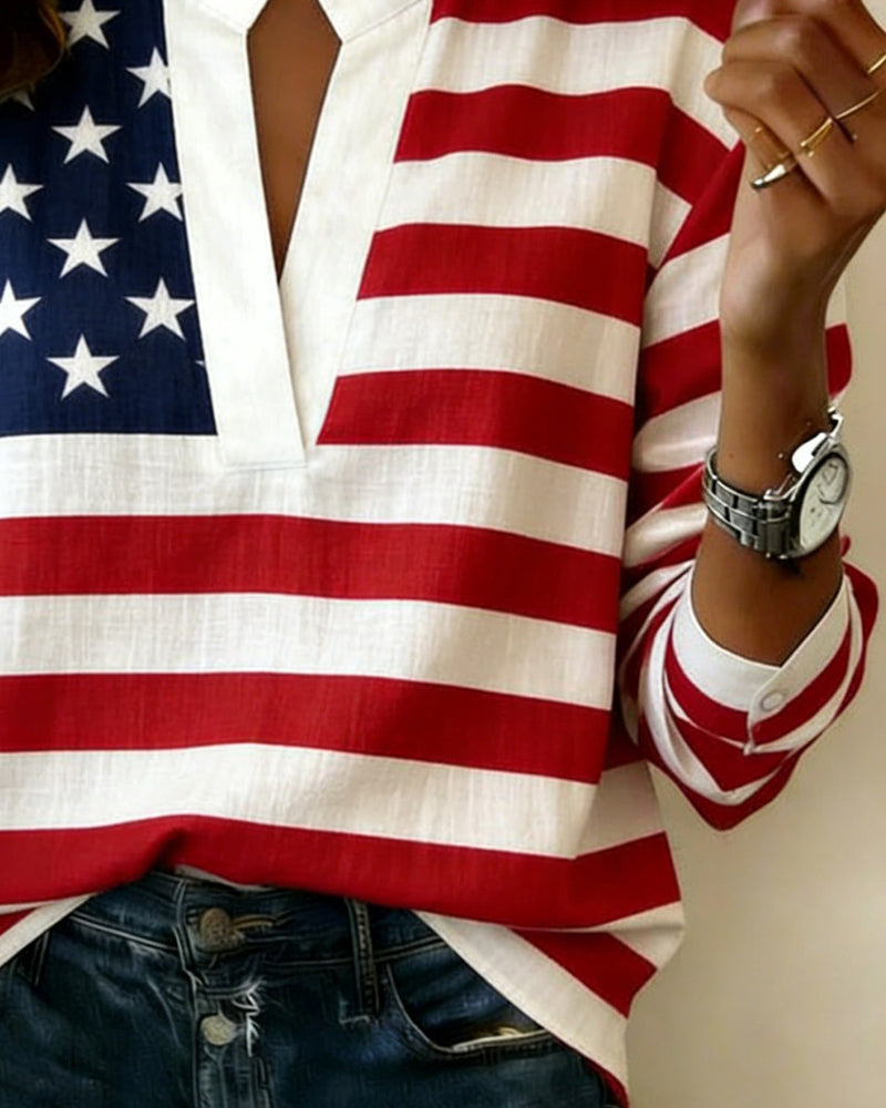 Blus Flagga Print Mandarin Krage V-Hals