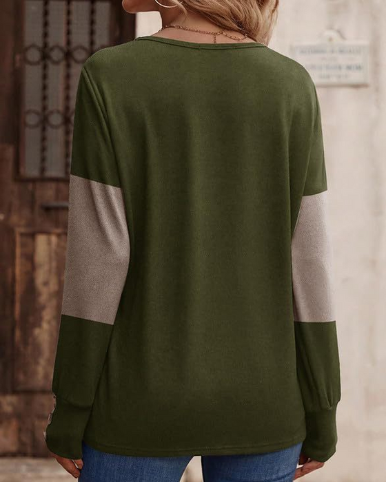 T-shirt Damers Färgblock Tryck Knapp Dekor Droppad Axel