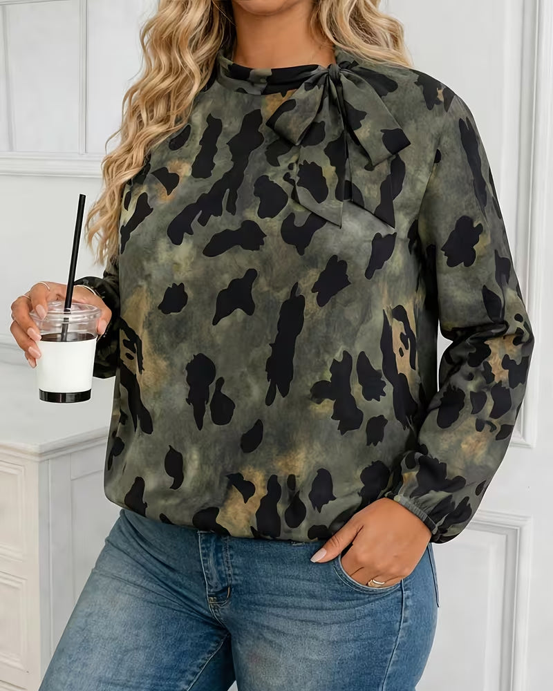 Blus Kamouflage Leopard Tryck Scarf Knyt Puffärm
