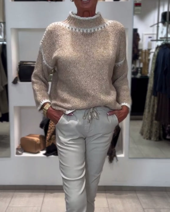 Mångsidig Pullover Med Hög Hals Och Kontrastfärger