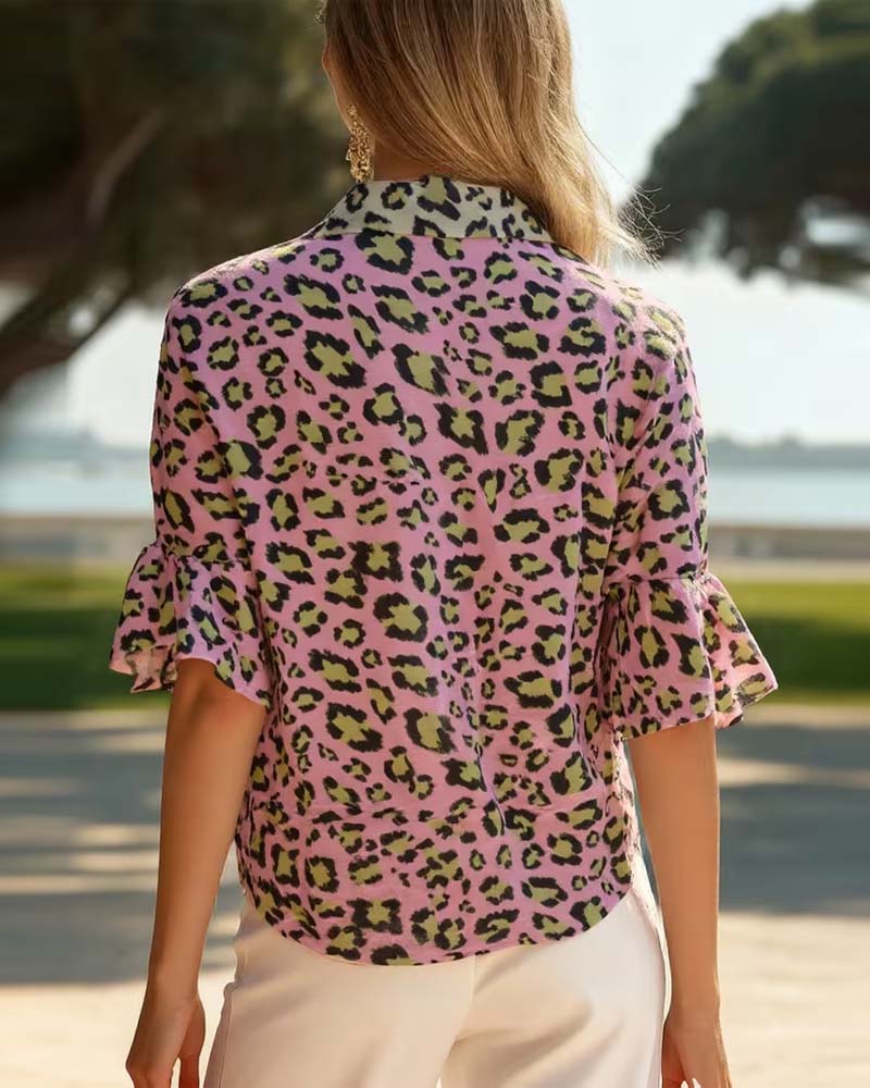 Blus Leopardtryck Moderiktig Slagkrage