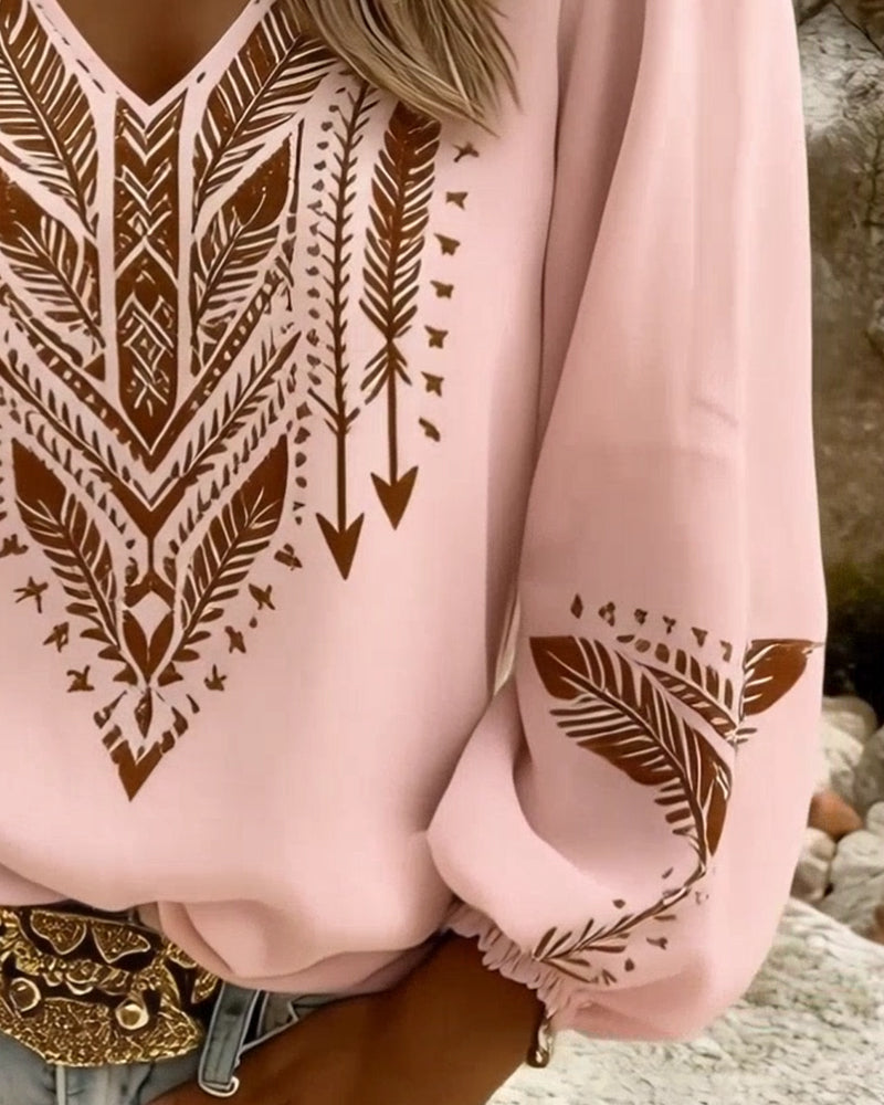 Blus Puckad Ärm V-Ringning Lössittande