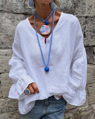 Blus V-Hals Ruffle Avslappnad Solid Färg