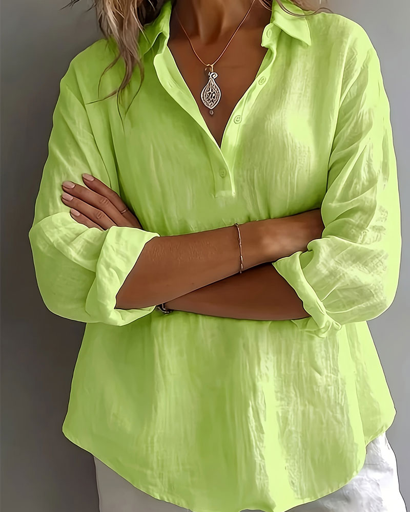 Blus Enfärgad Krage Halvknäppning Långärmad