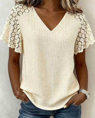 T-Shirt V-Hals Våffla Spets Patchwork Solid