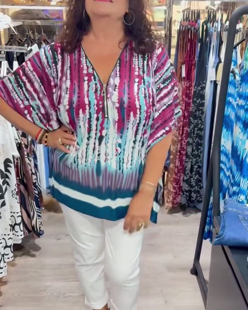 Topp Tie-Dye V-Ringad Dragkedja Fram Fladdermusärm