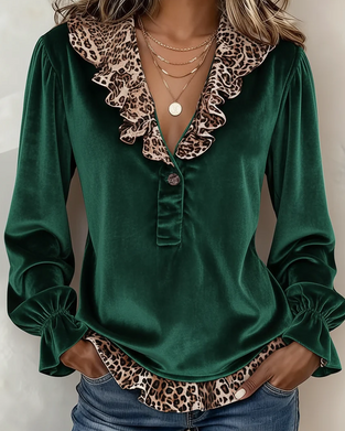 Topp V-Hals Knapp Ruffle Leopard