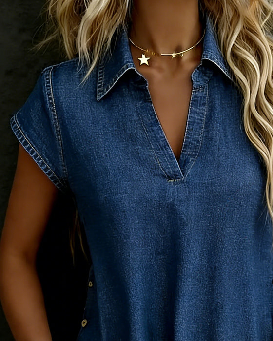 Blusar V-Hals Kortärmad Denim Knapp