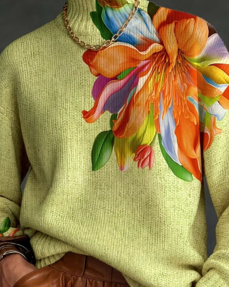 Tröja Polokrage Blommig Kontrast Långärmad