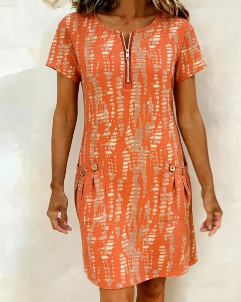 Klänning Tryckt Halv-Dragkedja Stor Ficka