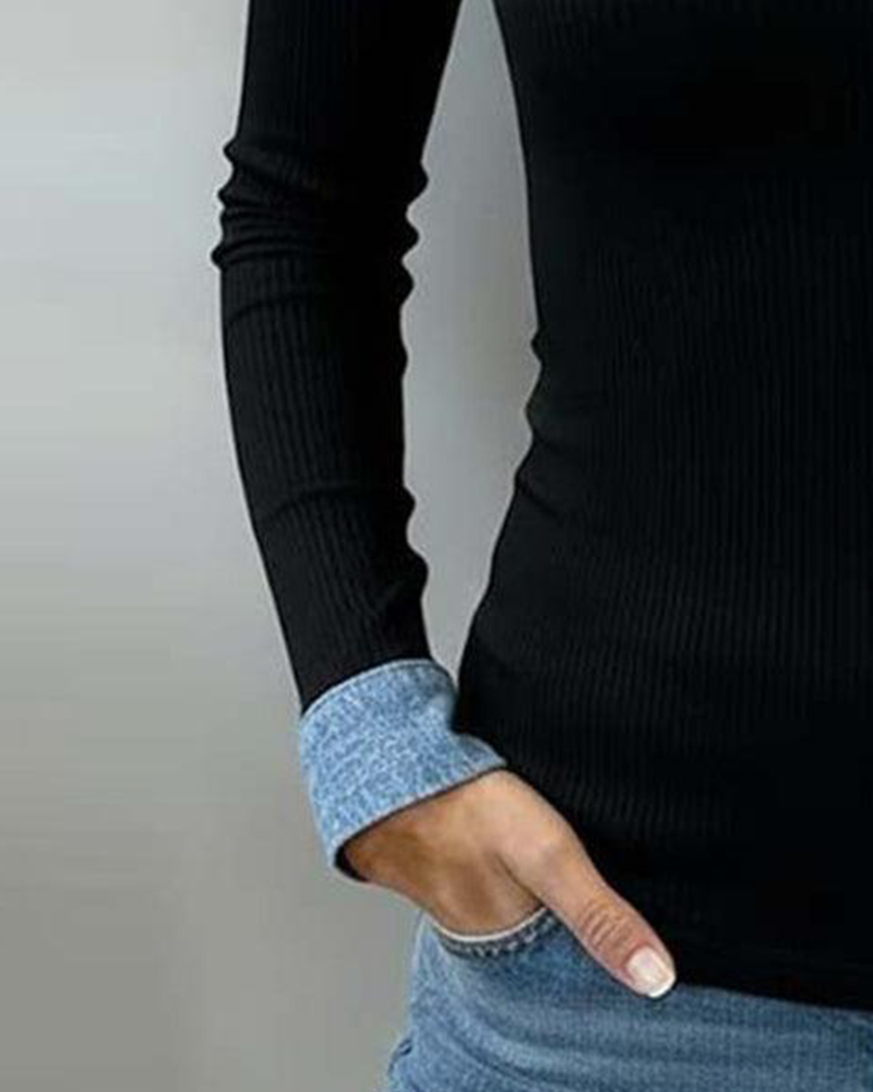 Topp Kontrastfärg Flik V-ringning Långärmad