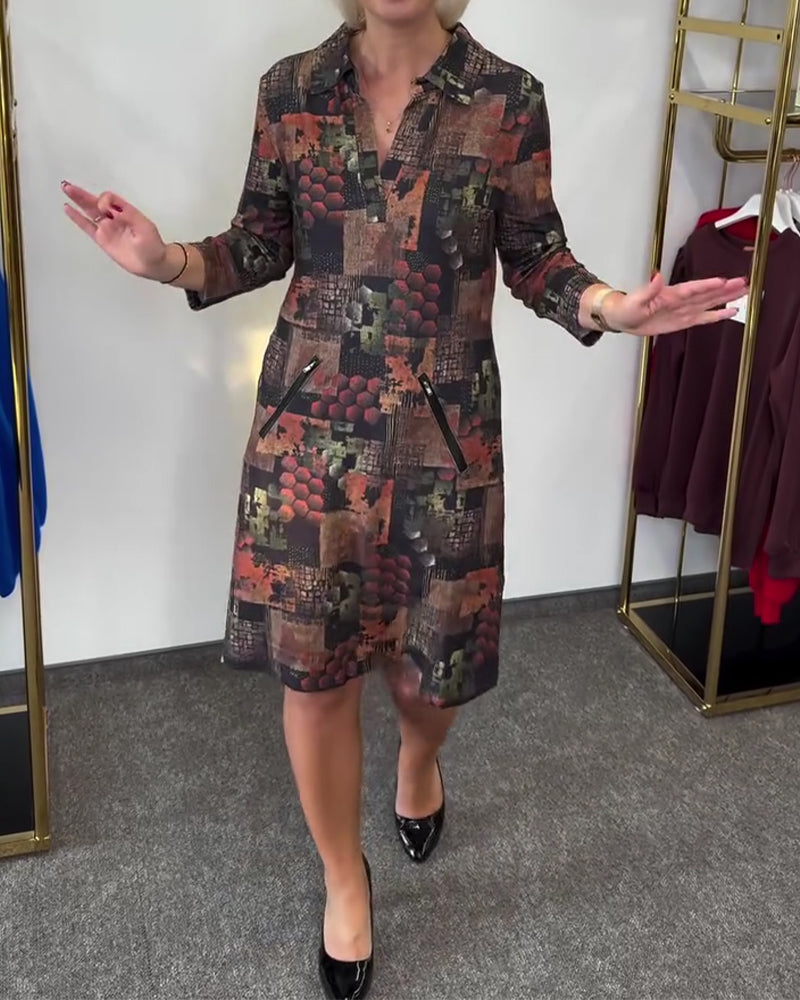 Klänning Krage Vintage Tryck Kortärmad