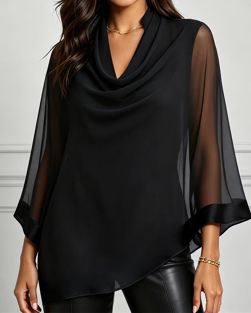 Blus Cowl Neck Oregelbunden Solid Sheer