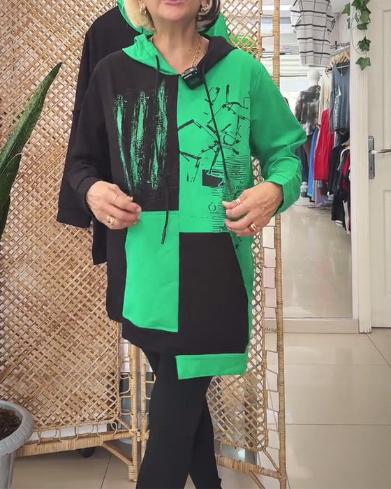 Tröja avslappnad huva färgblock tryckt