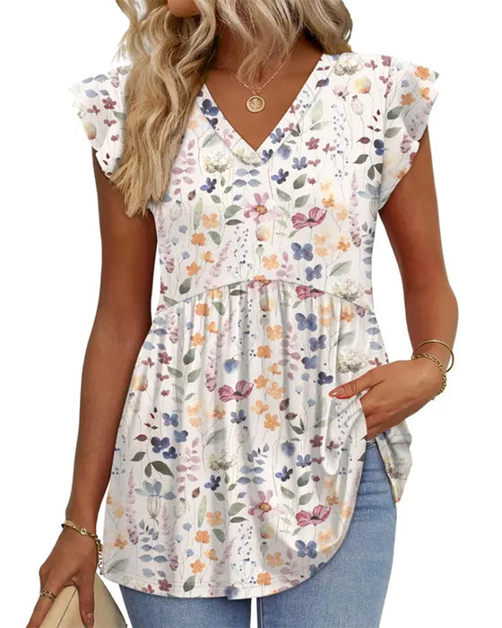 Blus Akvarell Blommig V-Hals Babydoll