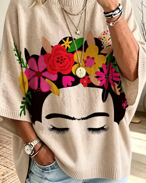 Loose Fit Ansikte Blommigt Print Pullover