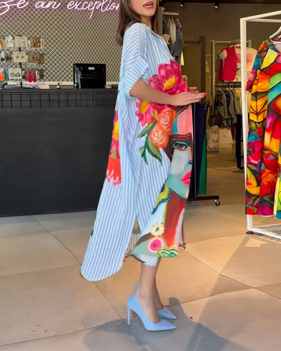 Vertikal randig blus med karaktärstryck i lapel