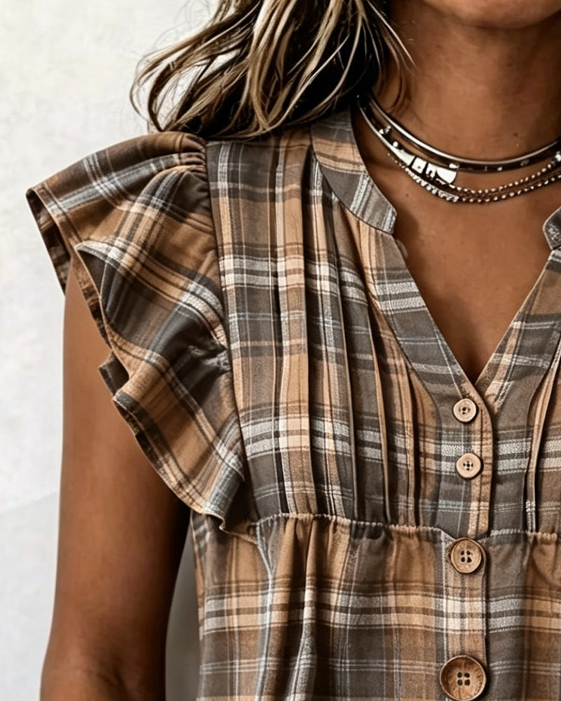 Blus Brun Gingham Flutter Ärm