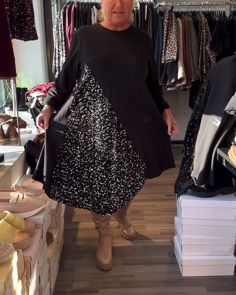 Klänning Glitter Panel Rund Halsringning