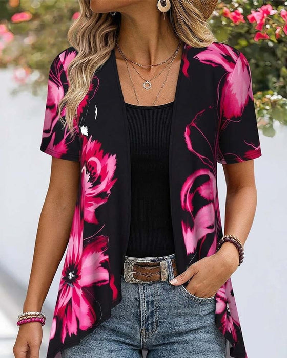 Blus Svart Bas Ros Röd Blommig