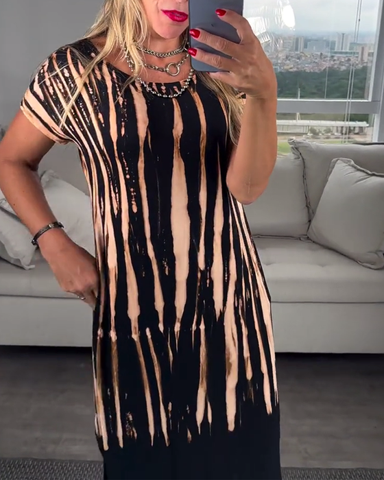 Klänning avslappnad kortärmad slits rund hals tryckt