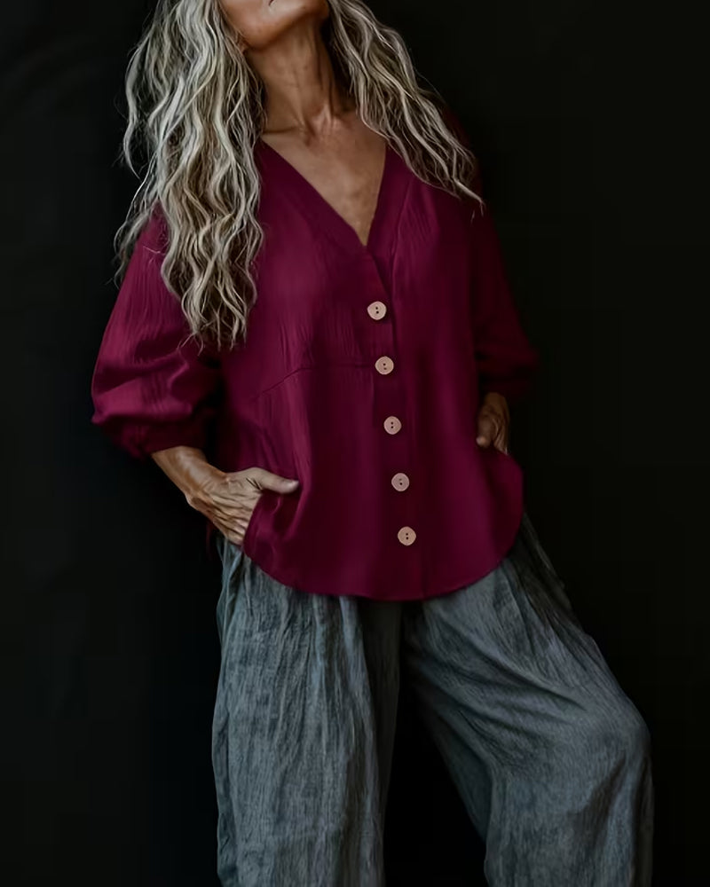 Blus V-Ringning Casual Knappning Ner