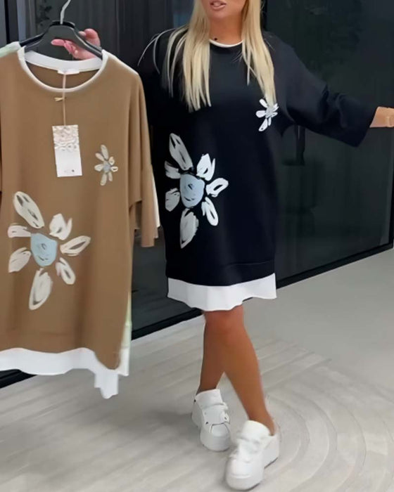 Sweatshirtklänning Rund Hals Tryckt Lappverk