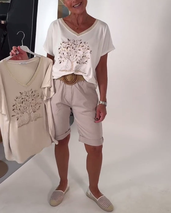 T-Shirt V-Ringad Tryckt Mångsidig