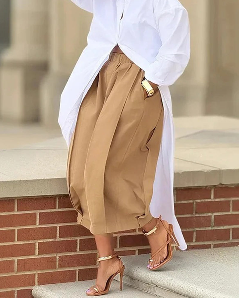 Byxor Enfärgad Elastisk Midja Tulpafåll Croppad