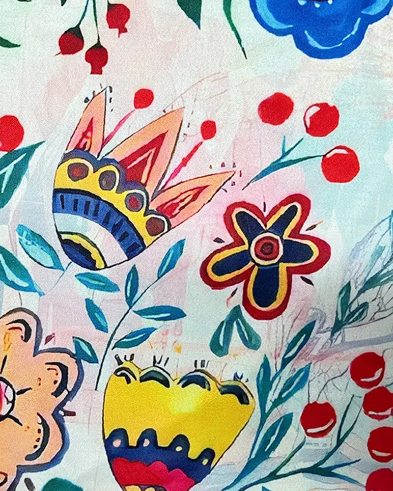 Blus Leopard Blommigt Print Rynkad Ärm