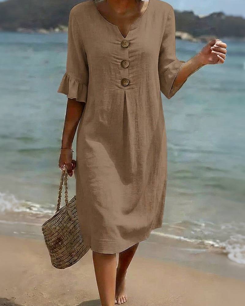 Klänning Knapp Rynkad Ärm 100% Bomull