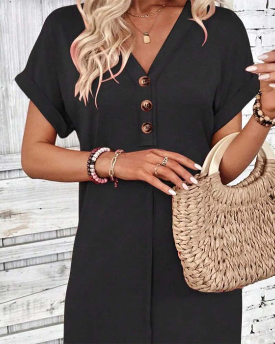 Klänning V-Ringning Knäppning Fram Solid Casual