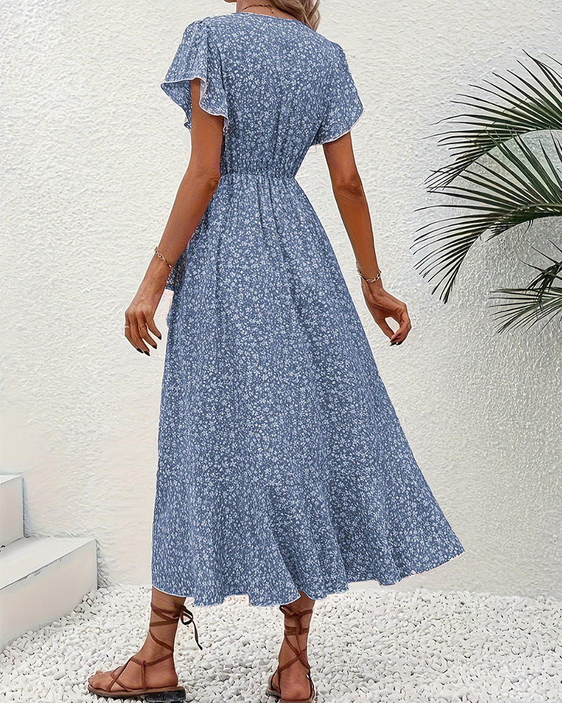 Klänning Liten Blommig Knäppning Fram Semester