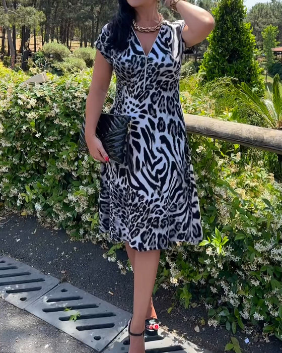 Klänning V-Ringning Dragkedja Leopardtryck