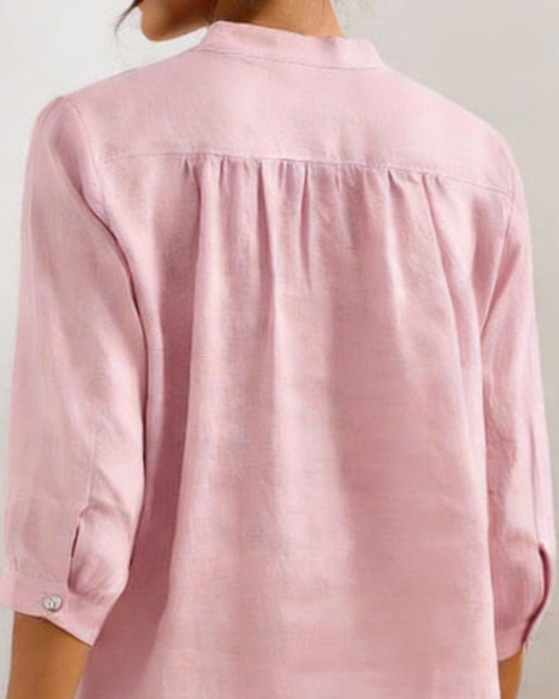 Blus Avslappad Bomull Enfärgad V-ringning