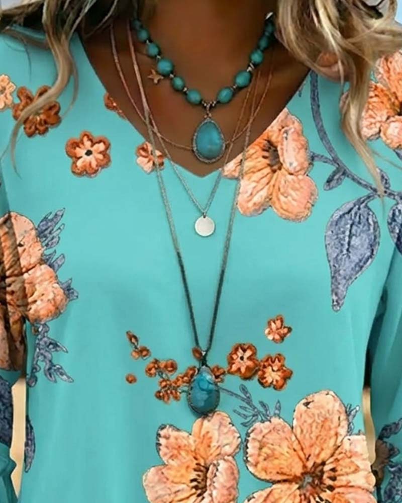 Blus V-Ringning Vintage Blommig Loose Fit