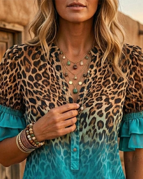 Leopardmönstrad V-Hals Gradient Rynkad Blus