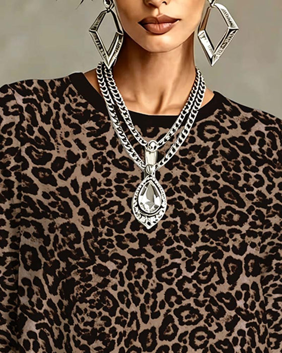 Topp Leopard Lång Ärm Rundhalsad