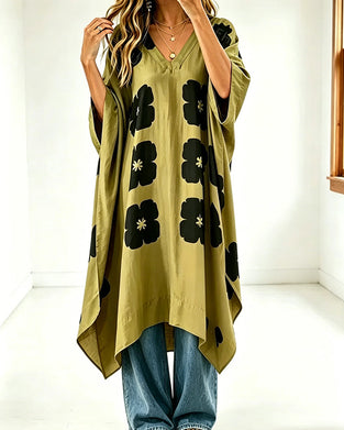 Klänning Print V-Ringning Fladdermusärm Loose Fit