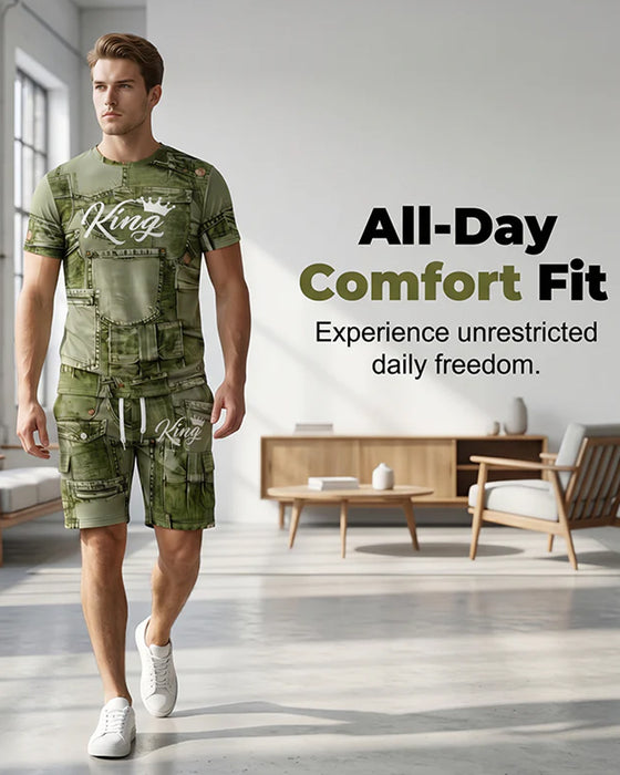 Herrset Med Rundhalsad Monogram-T-Shirt Och Dragsko-Shorts