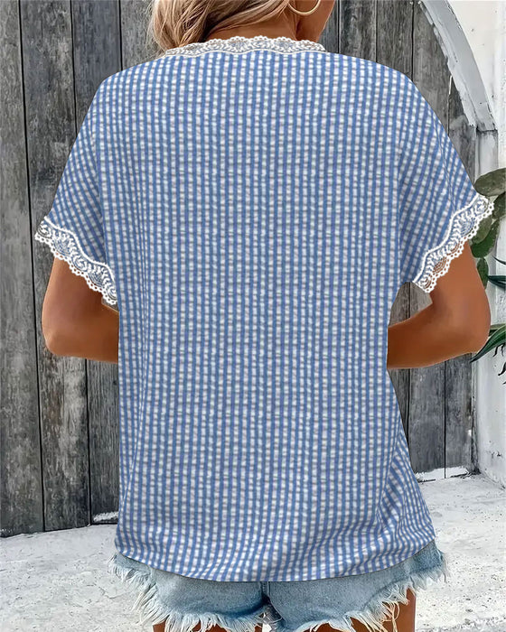 Blus Rund Hals Spets Patchwork Randig