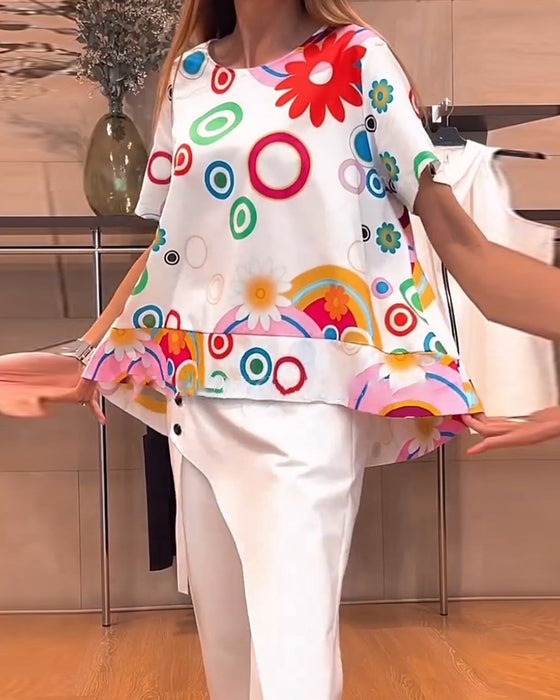 Tryckt rund halsad kortärmad avslappnad topp