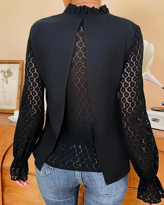 Blus Med V-Ringning Spets Och Lång Ärm