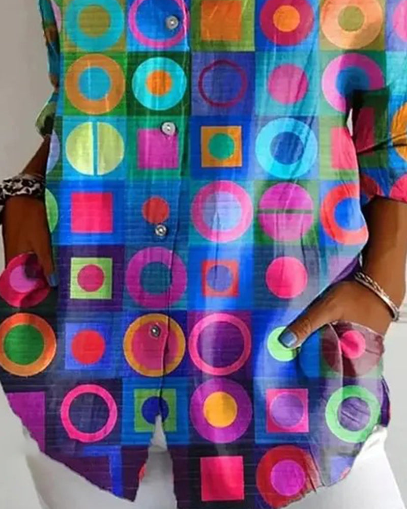 Skjorta Färgglad Geometriskt Mönster Lång Ärm
