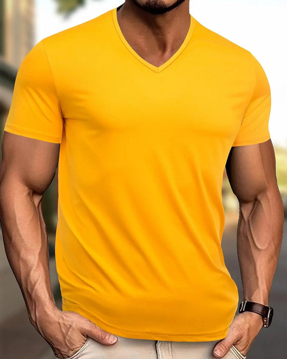 T-Shirt Solid Färg V-Ring Casual Herr