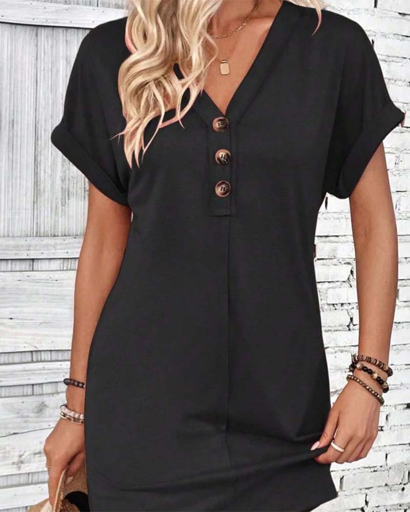 Klänning V-Ringning Knäppning Fram Solid Casual
