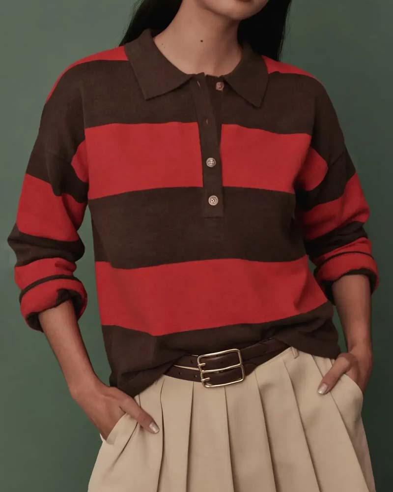 Pullover Med Bred Randig Knappad Krage