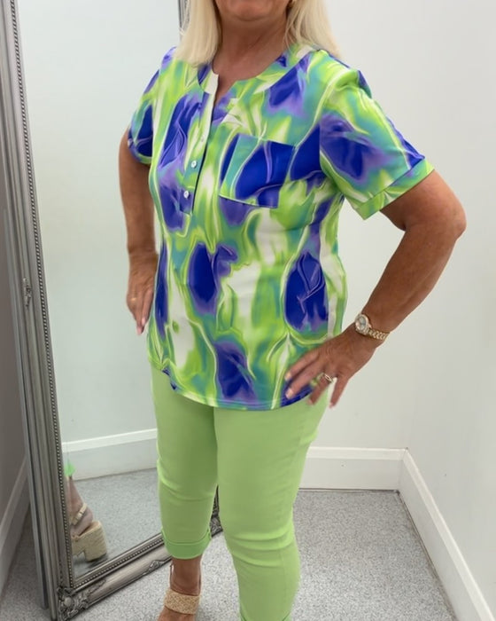 Blus Henley Hals Ombre Tryck Kort Ärm Ficka