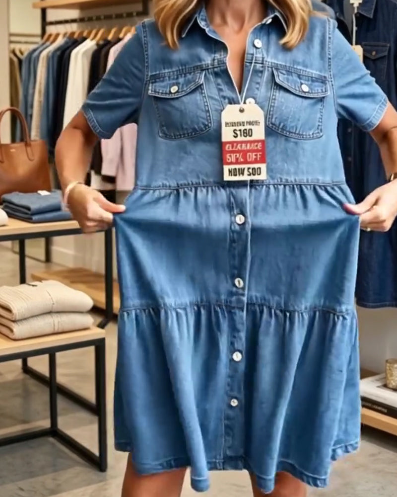Klänning Denim Ruffle Lager Kort Ärm
